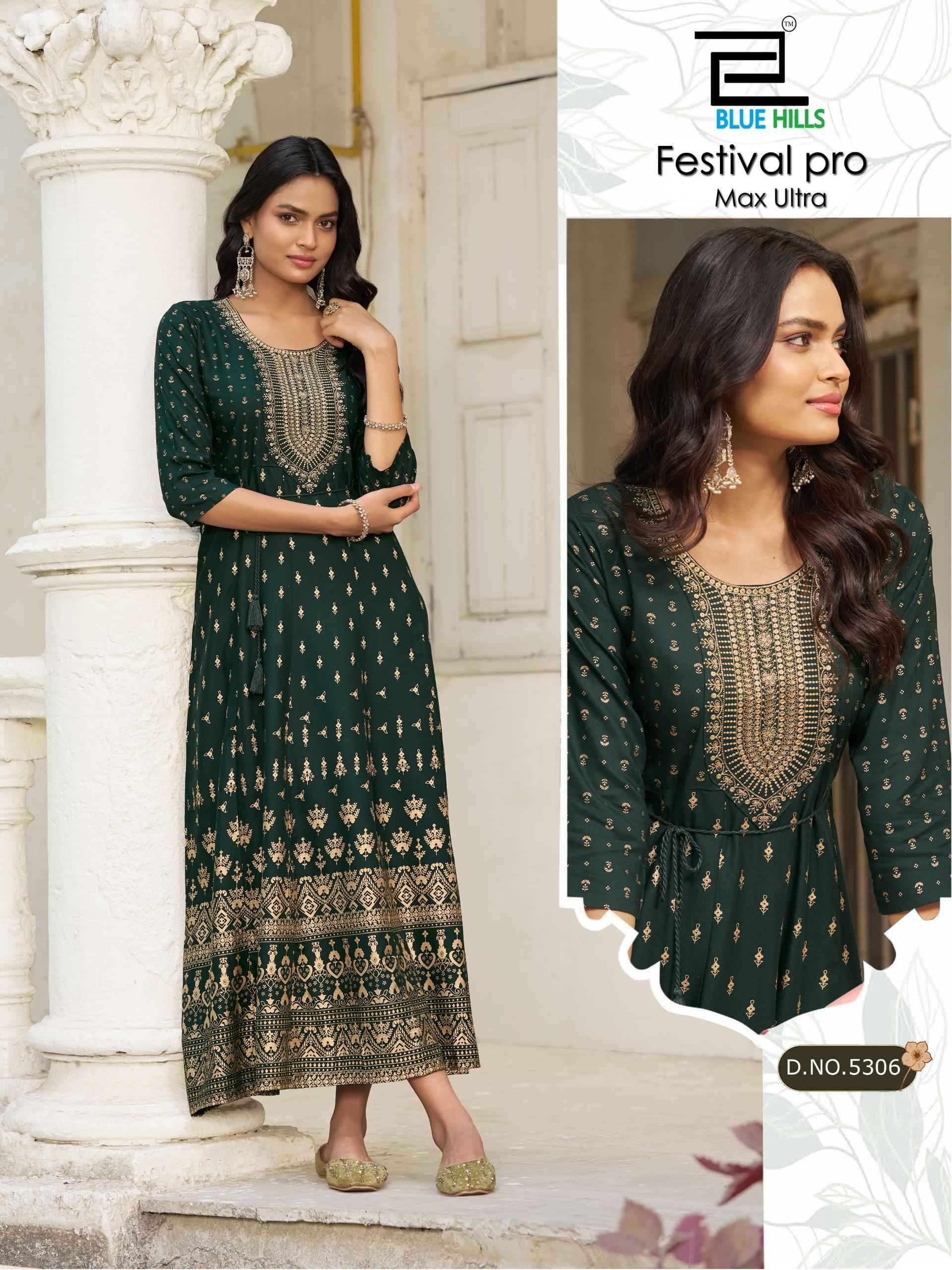 Festival Pro max ultra By BLUE HULLS 5303 To 5308 Series Designer Stylish Fancy Colorful Beautiful Party Wear & Ethnic Wear Collection Rayon 14kg Gown At Wholesale Price